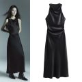 ETJ Elegant Wrinkled Silk Satin Party Dress For Women Slim Sleeveless Fashion Evening Dress 2025 Summer Collection. 