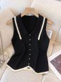 Women's French Collar Knit Sleeveless Vest Contrast Color-Block Design Slimming Regular Fit Button Casual Top for Spring Summer.