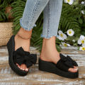 Summer Women's Thick Soled High Heels Slippers New Seaside Fashion Bow Wedge Black Beach Sandals. 
