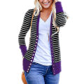 Cardigan single breasted stripe color long sleeve coat woman. 