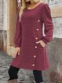 Elegant Plus Size Women's Dress Autumn Winter, Round Neck Long Sleeve Button Pocket Fashion Dress.