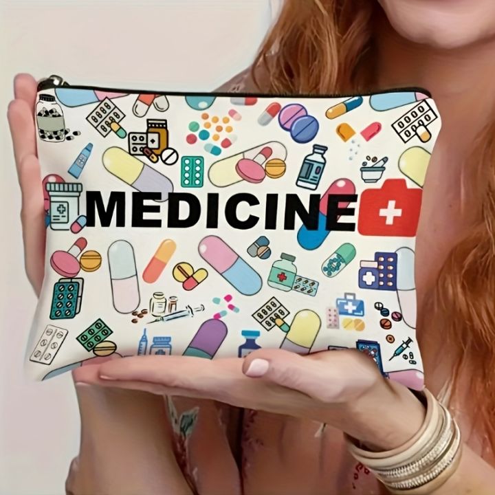 Medicine-Themed Cosmetic Travel Bag - Foldable Zippered Makeup Organizer, for Healthcare Professionals, Cosmetic Bag