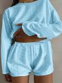Plus Size Eyelet Casual Shorts Set, Crew Neck Long Sleeve Top & Shorts Outfits, Women's Plus Size Clothing. 