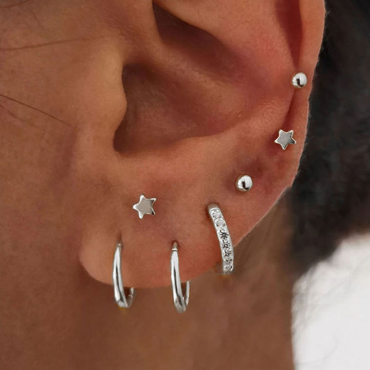 4Pairs%20Stainless%20Steel%20Small%20CZ%20Hoop%20Star%20BalL%20Stud%20Earrings%20Set%20for%20Women,%2018K%20Gold%20Plated%20Earring%20Stack%20for%20Multiple%20Piercing%20-%20Image%202