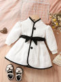 Baby Girls Fashion Autumn And Winter Thermal Belted Dress Set Princess Coat Classic Black And White Color Contrast Cardigan. 