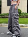 Y2K Parachute Black Pants Women Hippie Streetwear Oversize Pockets Cargo Trousers Harajuku Wide Leg Baggy Sweatpants. 