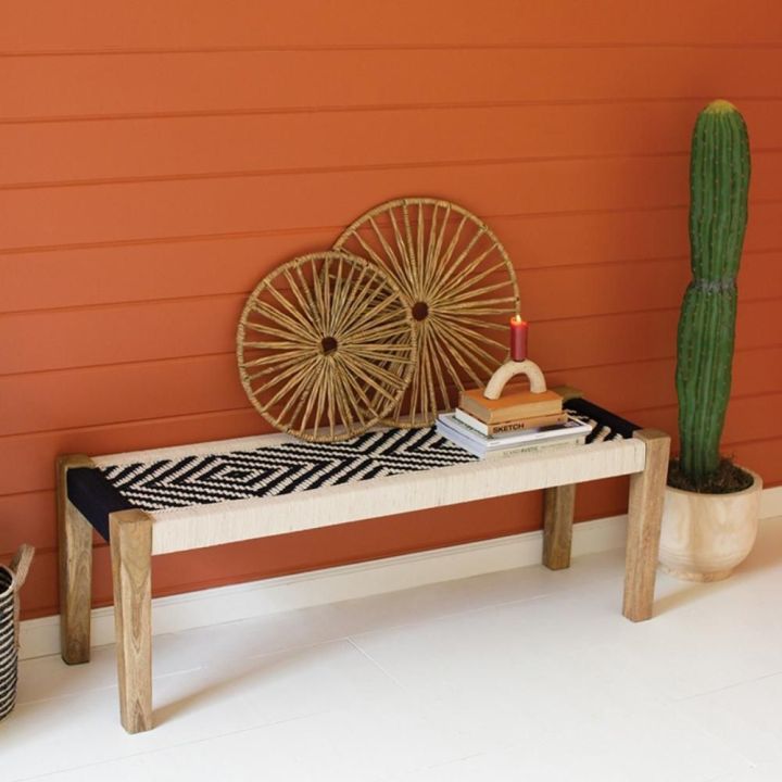 Mango Wood Bench with Black and White Cotton Weaving , unique and beautiful design