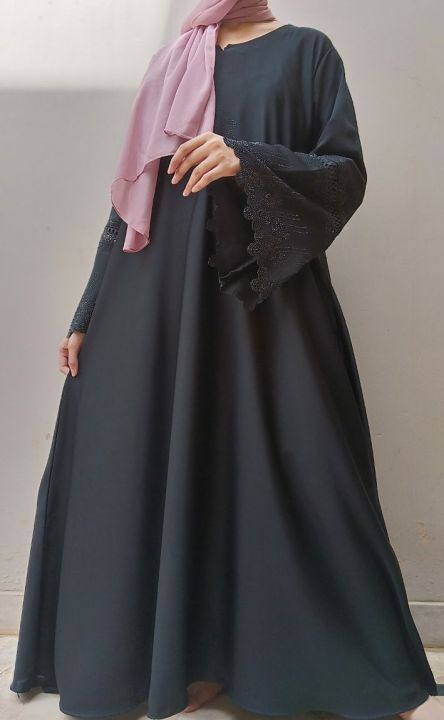 black colour imported nida fabric latest abaya with premium quality nug work on sleeves and front