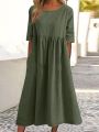 Summer New Cotton and Linen Casual Short Sleeve Pocket Fold Loose Round Neck Women's Dress 300. 