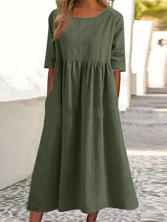 Summer%20New%20Cotton%20and%20Linen%20Casual%20Short%20Sleeve%20Pocket%20Fold%20Loose%20Round%20Neck%20Women's%20Dress%20300%20-%20Image%207