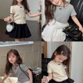 Toddler Girls Ruffle Trim Bow Knit T-Shirt 4-8 Years Kids Short Sleeve Ribbed Tops Casual Cute Summer Tee for Little Girls.