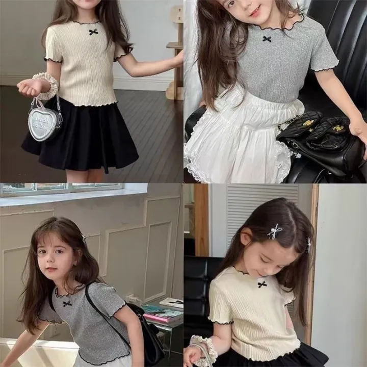 Toddler%20Girls%20Ruffle%20Trim%20Bow%20Knit%20T-Shirt%204-8%20Years%20Kids%20Short%20Sleeve%20Ribbed%20Tops%20Casual%20Cute%20Summer%20Tee%20for%20Little%20Girls%20-%20Image%203