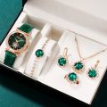 6PCS Set Green Luxury Quartz Watch Women Ring Necklace Earring Rhinestone Fashion Wristwatch Casual Ladies Bracelet Watches.