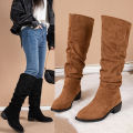 New Solid Color Comfortable Fashion Knee-high Fashion Boots Round Head Square Heels Increase Large Size Winter High Boots. 