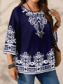 Plus Size Women's Boho Print T - Shirt, Navy Blue with White Floral Patterns, 3/4 Sleeves, Super Comfy for Daily Casual Wear.