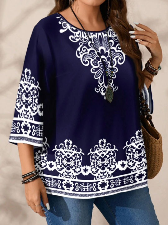 Plus%20Size%20Women's%20Boho%20Print%20T%20-%20Shirt,%20Navy%20Blue%20with%20White%20Floral%20Patterns,%203/4%20Sleeves,%20Super%20Comfy%20for%20Daily%20Casual%20Wear%20-%20Image%203