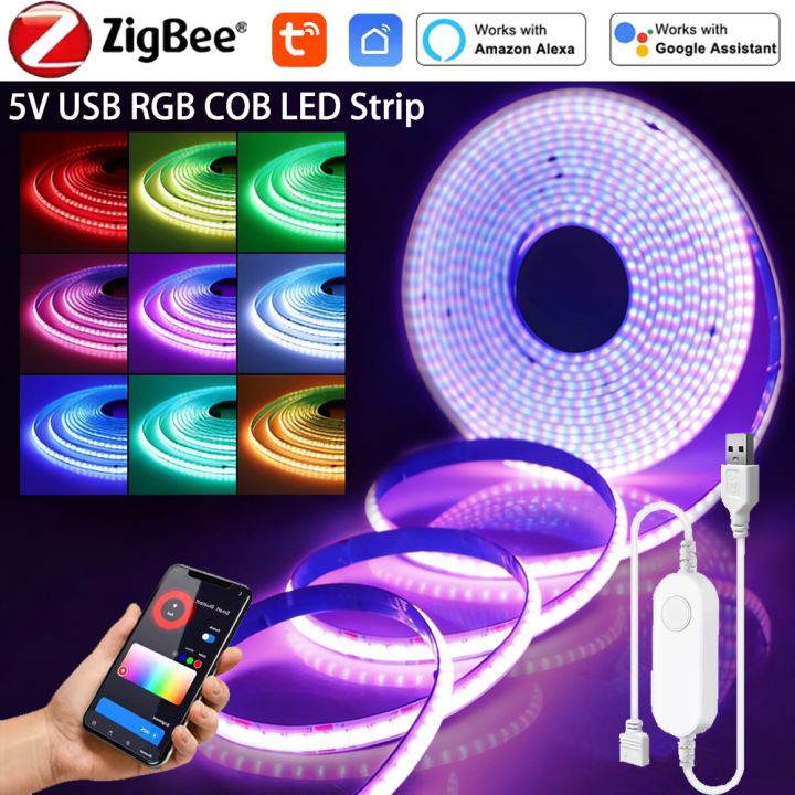 Zigbee Tuya Smart 5V USB RGB COB LED Strip Light 576LEDs/M Dimmable ...