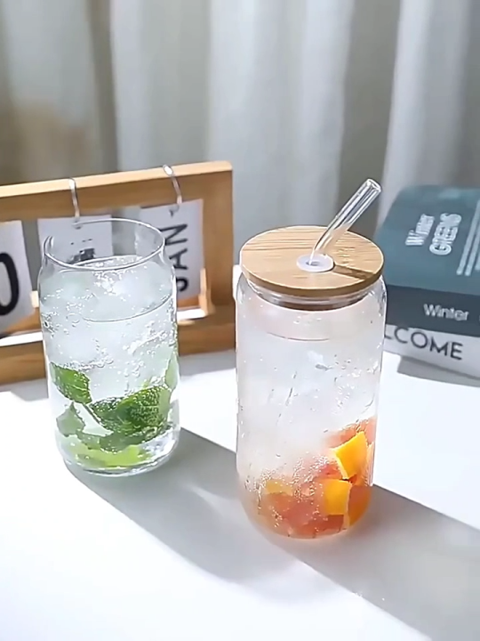 Round shape Glass with glass straw and wooden lid, coffee glass, milk glass, juice glass -Imported high quality - cups for tea - tea cup - coffee mug - kitchen accessories