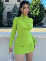 Dulzura Solid Long Sleeve Ruched Mini Dress For Women Bodycon Sexy Streetwear Party Elegant Outfit Birthday Short Dress Evening. 