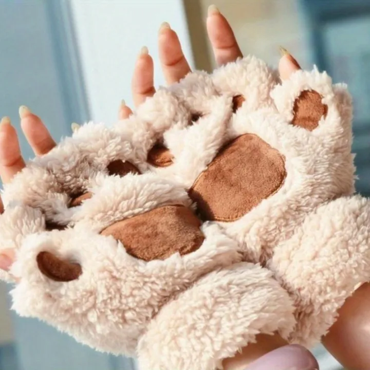 Women%20Winter%20Fashion%20Plush%20Gloves,%20Cat%20Paw%20Design%20Half-finger%20Warm%20Gloves,%20Suitable%20for%20Office%20Use%20Cycling%20Outdoor%20Activities%20-%20Image%202