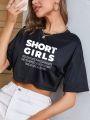 Letter Print Casual Crop Sports Tee Short Sleeves Fashion Fitness Workout Crop T-shirt Top Women's Activewear Graphic.