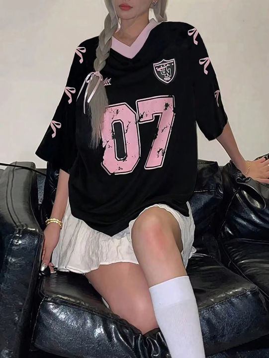 New Women's No.7 Letters Printed V-Neck Short Sleeve Summer Soccer Jersey Loose Casual Sports Women's T-Shirt Short Sleeve