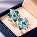 Huitan Green Blue Flower Earrings Women Inlay Sparkling Cubic Zirconia Fancy Anniversary  Newly Designed Flowers Ear Jewelry. 