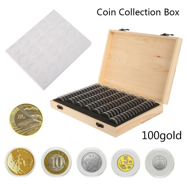 Wooden Coin Storage Box 100-Slot Coin Capsules Universal Coin Container ...