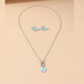 Fashion Blue Heart  OT Buckle Necklace Tiny Stud Earrings Set Women's Charming Delicate Silver Color Jewelry. 
