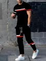 Men's 2025 Summer Splicing Letter 3D Printed Pattern Breathable Quick Drying Top Trendy Soft Top Street Round Neck T-shirt Set.