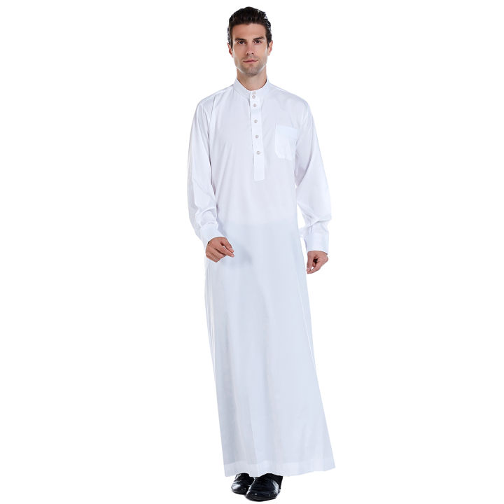 TH815 Men's Muslim Islamic Men Long Sleeves Pure Color Button Robe  Ramadan Eid Jubba Thobe