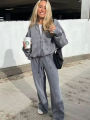 HH Women's Fall 2-Piece Retro Solid Color Zip Bomber Jacket Sweatshirt+High Waist Lace Up Women's Wide Leg Pants Street Wear. 
