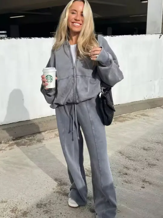 HH%20Women's%20Fall%202-Piece%20Retro%20Solid%20Color%20Zip%20Bomber%20Jacket%20Sweatshirt+High%20Waist%20Lace%20Up%20Women's%20Wide%20Leg%20Pants%20Street%20Wear%20-%20Image%204