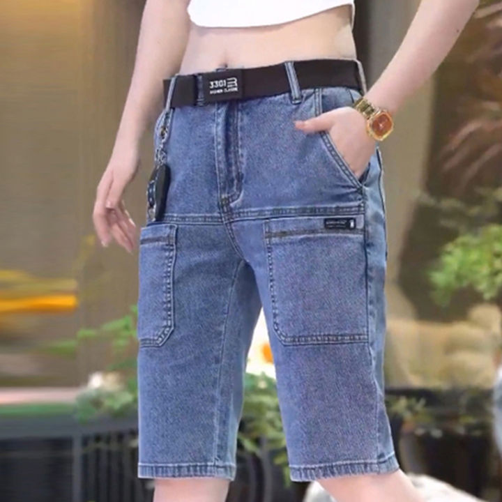 New Design Multi-pocket Denim Shorts Men Summer Thin Straight Casual Short Jeans Stretch Fashion Streetwear Men's Shorts Korean