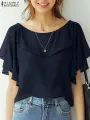 ZANZEA Women Chiffon Blouse Elegant Short Sleeve Shirt 2024 Summer Korean Fashion Solid Tops Tunic Casual Loose Ruffle Hem Blusa. 