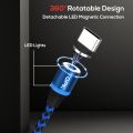 Magnetic Charging Cable 3 IN 1 TOPK 360 Rotation Magnetic Phone Charger Cable with LED Light for Micro USB Type C Cable. 