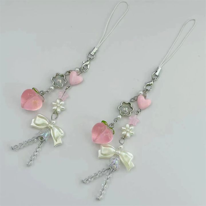 Pink Cute Peach Phone Charms Pendant Cute Bowknot Bead Handmade Sweet Girl Keychain For iPhone Camera Chain Love Heart Jewelry