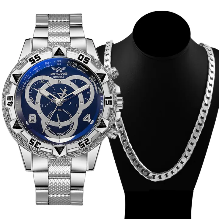 2Pcs/set%20Men's%20Watch%20Fashion%20Big%20Dial%20Male%20Business%20Dress%20Quartz%20Wrist%20Watch%20with%20Necklace%20-%20Image%203