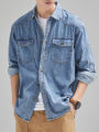 2024 New Denim Cotton Men's Shirt Long Sleeve Black Blue Drop Shoulder Button Pockets Cowboy Loose Casual Work Jeans Shirts. 