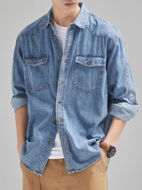 2024 New Denim Cotton Men's Shirt Long Sleeve Black Blue Drop Shoulder Button Pockets Cowboy Loose Casual Work Jeans Shirts