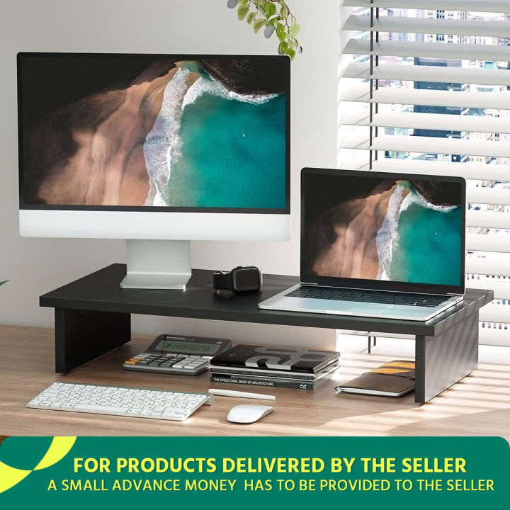 Monitor Stand – Extended Shelf Computer Monitor Riser, Wood Desktop Stand for TV Screen Laptop, Desk Organization, Office Supplies, Black, 5/18