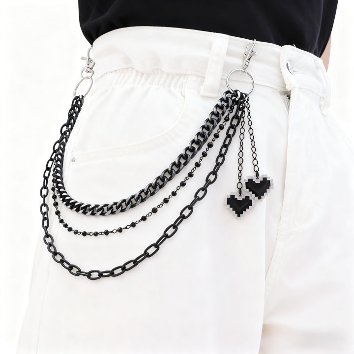 Cool Rock Hip Hop Black Love Pendant Keychain for Men Trendy Multilayer Jeans Pants Chain Party Jewelry Accessory