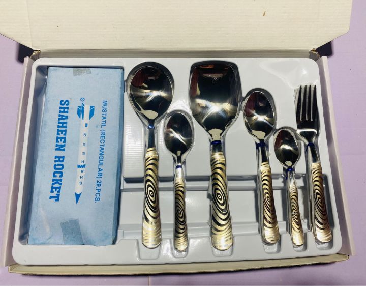 29 pieces fancy golden lazer print cutlery set stainless steel high quality cutlery set with stand