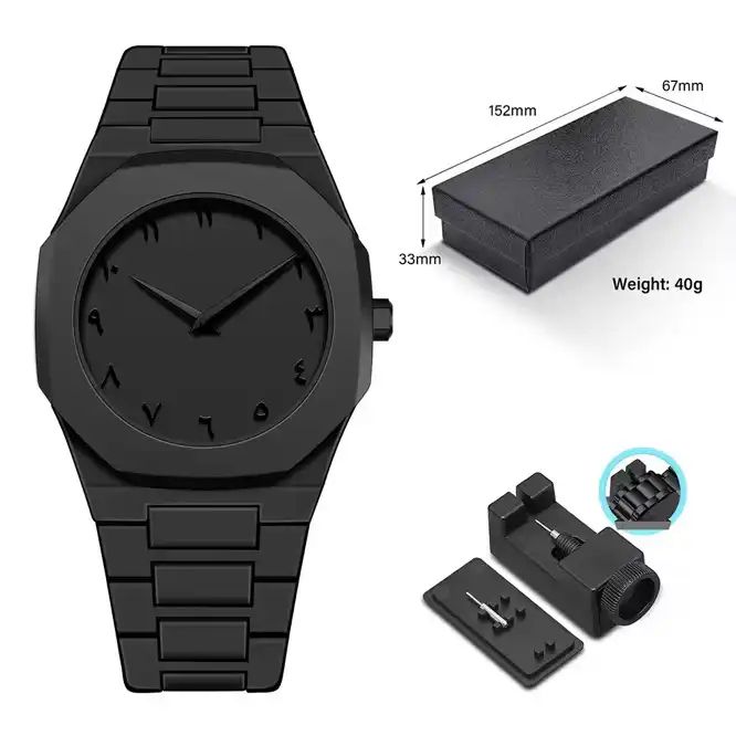 Black Arabic watch aura  Dial Trending Minimal Luxury Watch - Lightweight Resin Body, Octagonal Design, Water-Resistant Unisex Analog Wrist Watch with Strap Tool & 1-Years Warranty