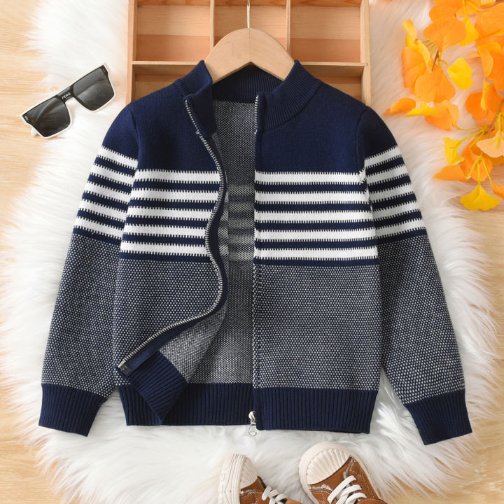 Boys' college style contrasting striped sweater zipper cardigan jacket suitable for school in spring, autumn, and winter