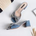 | Women's Floral Print Flat Slides, Elegant Bow Design Square Open Toe Shoes, Casual Summer Slide Sandals woman fashion shoes back and Blue new fashion shoes design. 