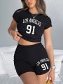 Women Slim Crop T-Shirts & Shorts Two Pieces Set Brooklyn New York City Art Letter Prints Tops Fashion Modal Cotton Soft Clothes.