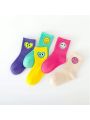 5 Pairs of New Four-Season Children's Socks with Smiley Face Expressions for Boys and Girls, Mid-Calf and High-Calf Socks.