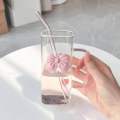 350ML Square Mug with Lids and Straws with Bow Water Cup Household Cup Female Milk Coffee Cups with Pink Handle Gift. 