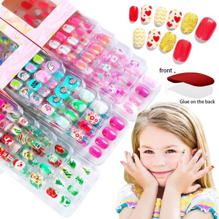 24 Pcs Kids False Nail Press on Nails Kids Teens Girls  Full Cover Short False Nails Children Nail Tips Lovely Gift for Kids Little Girls Nail Art Decoration with glue stickers